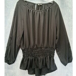 Cato Black Smocked Waist Peplum Blouse Long Sleeve Pleated Neck Top XL